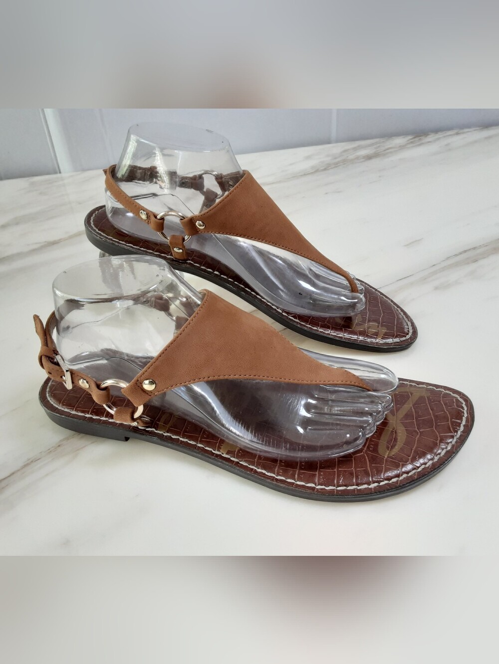 SAM EDELMAN Greta Caramel Leather T-Strap Thong Slingback Flat Sandals Sz 11